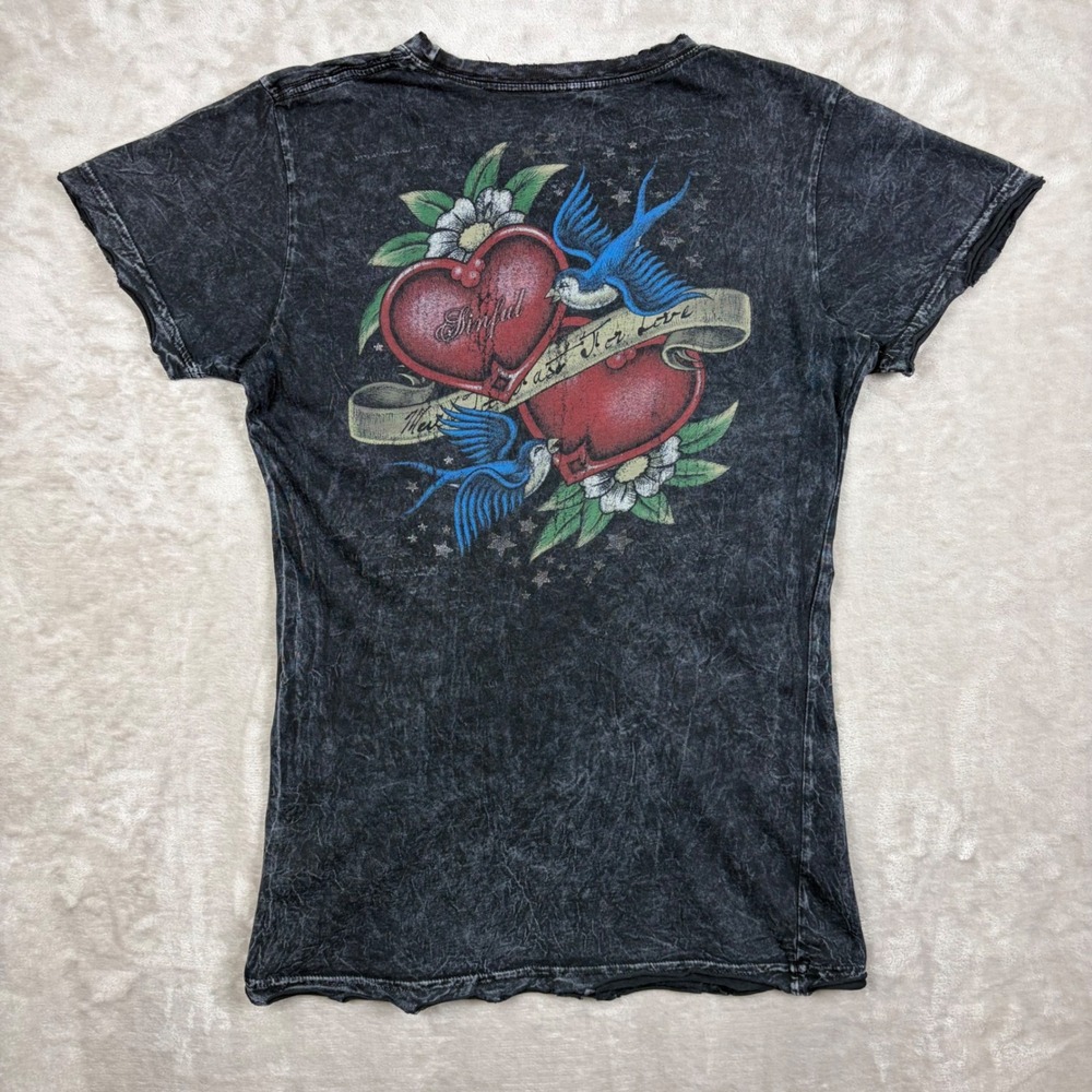 Sinful by Affliction Women L Black Acid Wash Distressed T Shirt Grunge Y2K